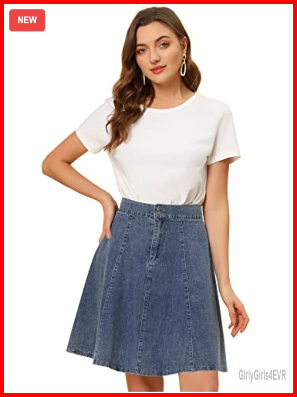High Waist A-Line Pleated Denim Skirt Casual Stretch Jean Skirt